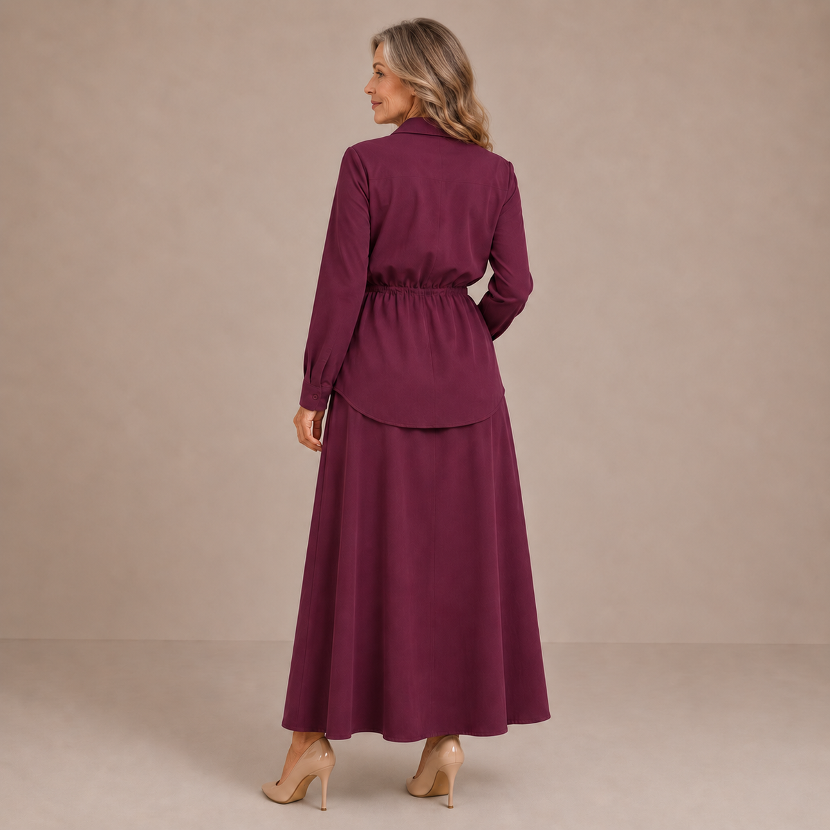 Cornelia long skirt co-ord set in burgundy, full-length back view