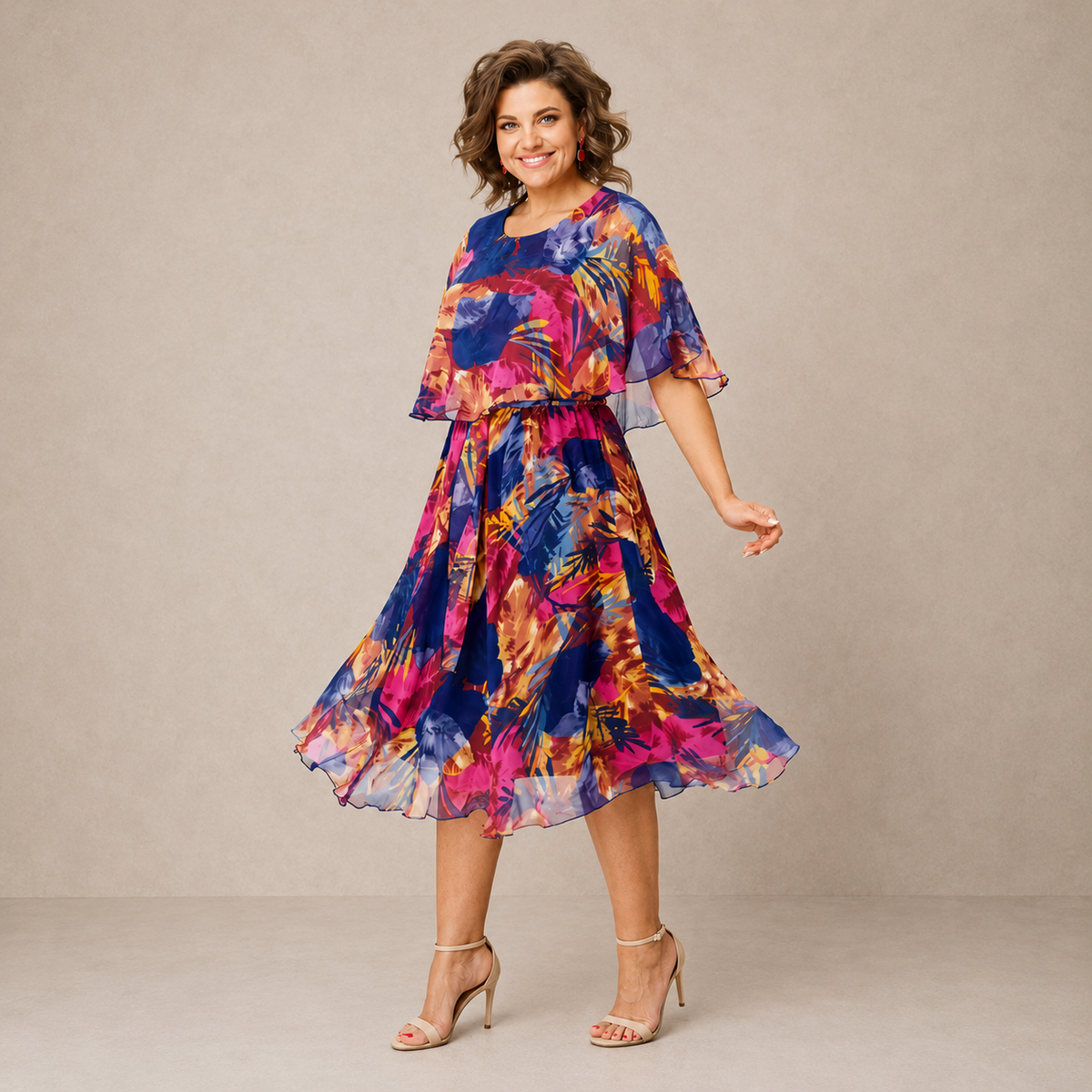 Liora colourful floral cape midi dress in pink and blue