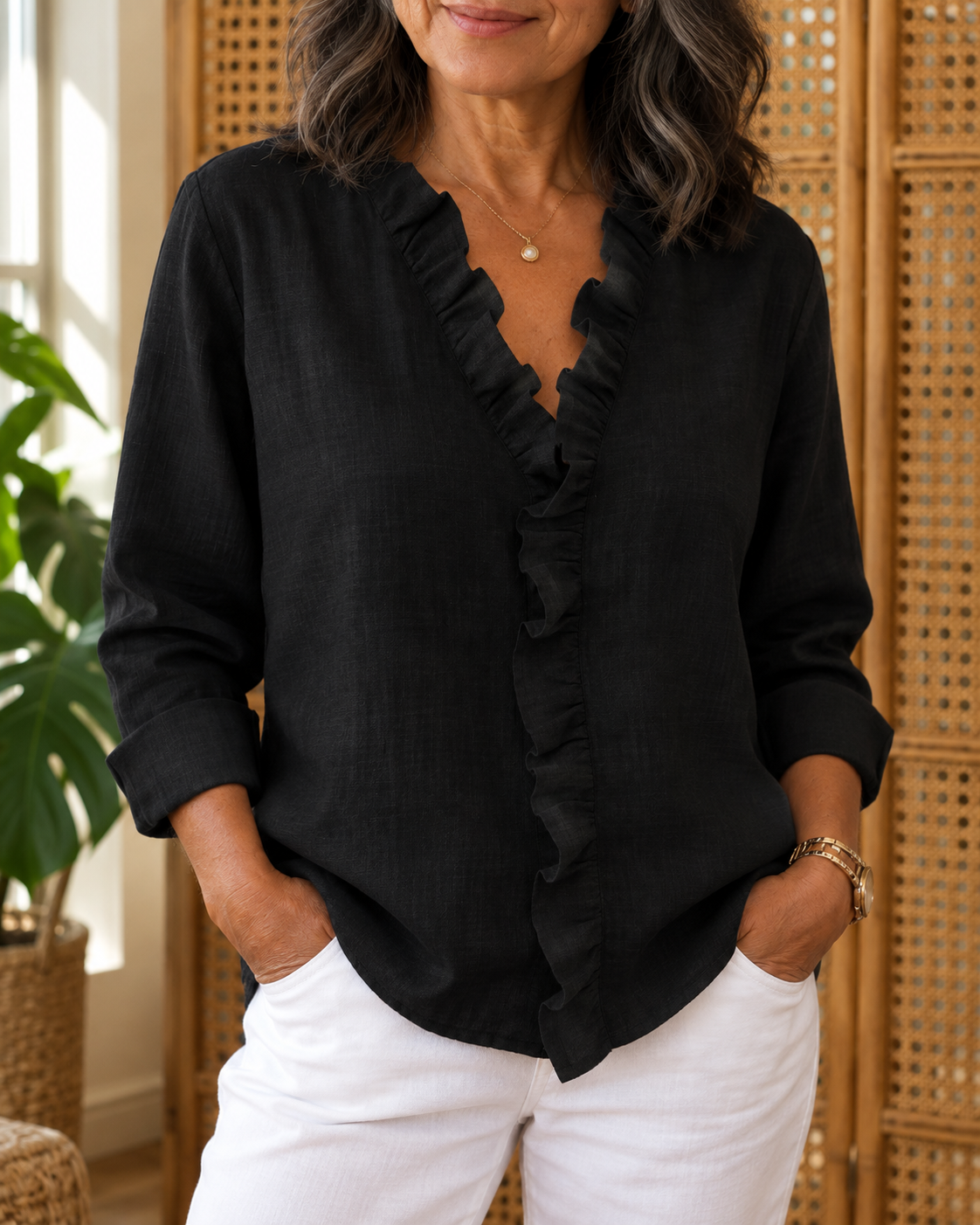 Esme ruffle V-neck linen blouse in black, front view