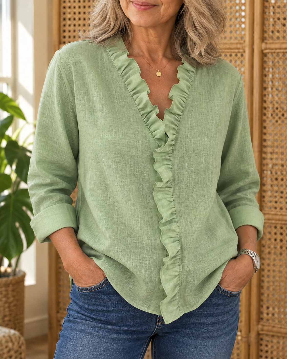 Esme ruffle V-neck linen blouse in green, front view worn with jeans