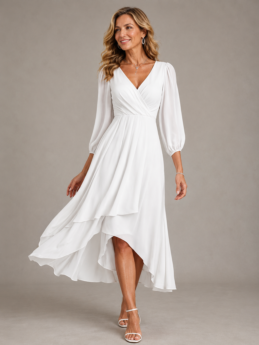 Mia wrap high-low dress in white, full-length front view with balloon sleeves