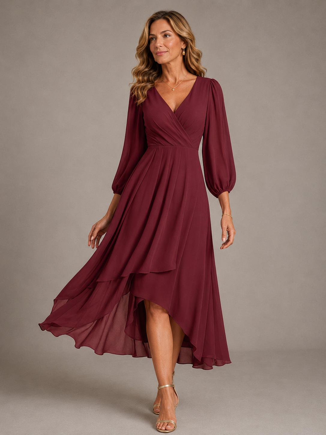 Mia wrap high-low dress in red, full-length front view