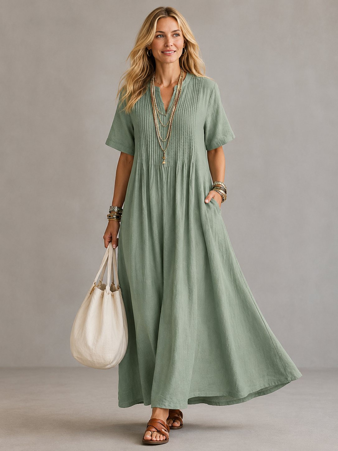 Natasha pleated maxi dress in green, full-length front view