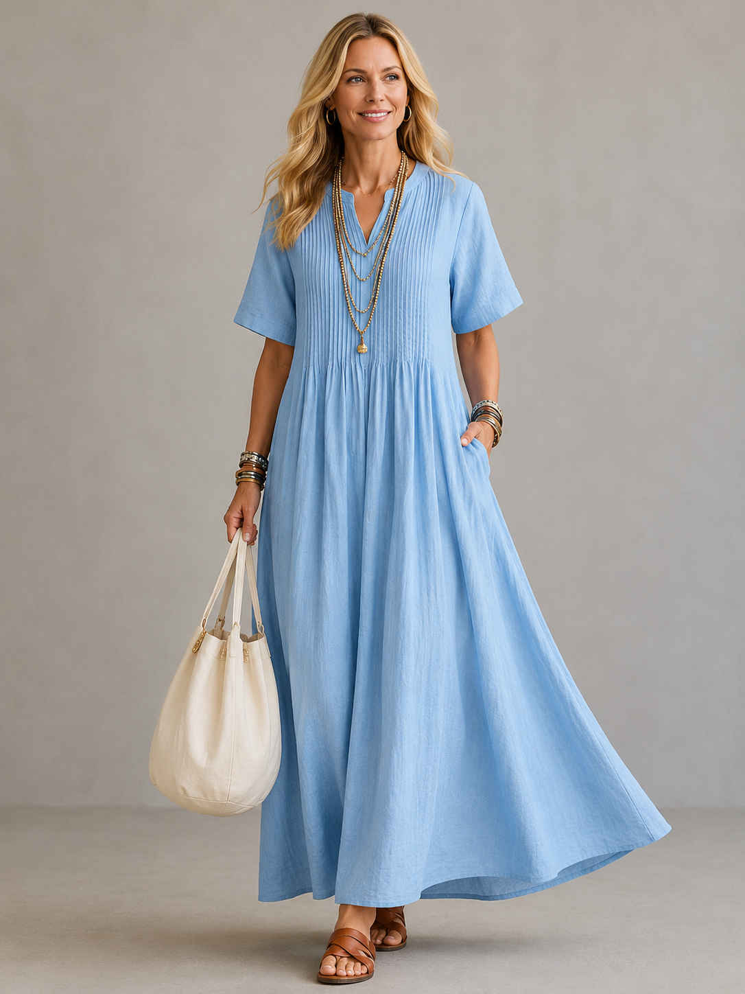 Natasha pleated maxi dress in blue, full-length front view