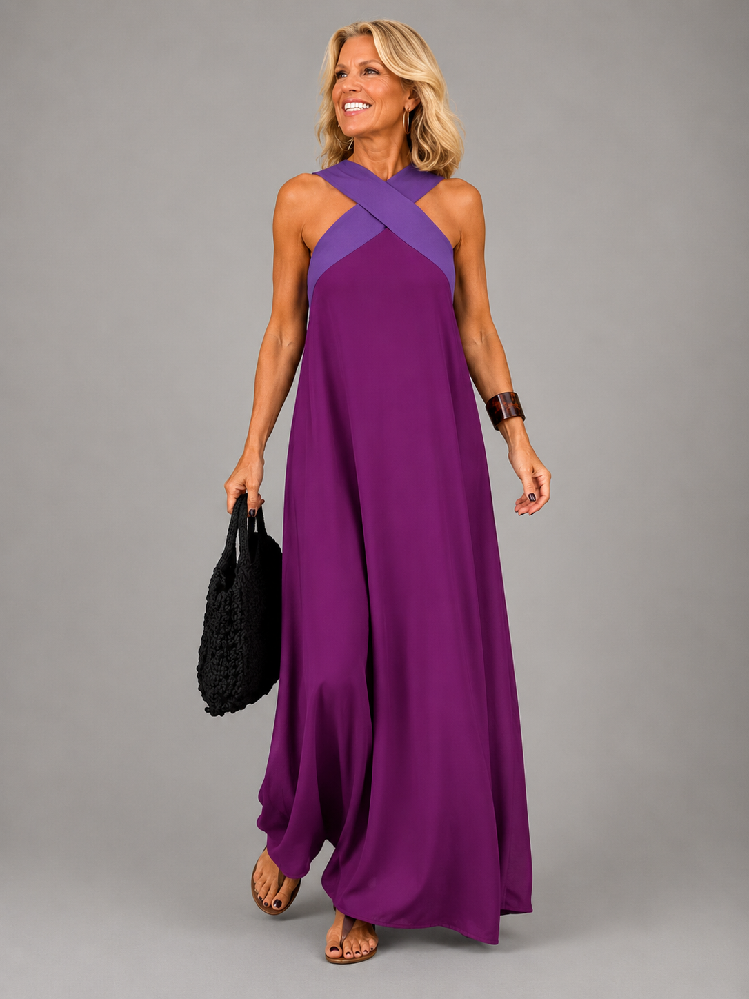 Edie halter maxi dress in purple, full-length front view