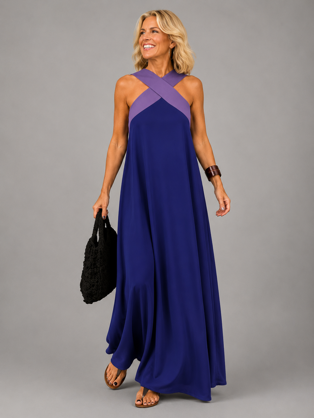 Edie | Crossover Halter Contrast Maxi Dress