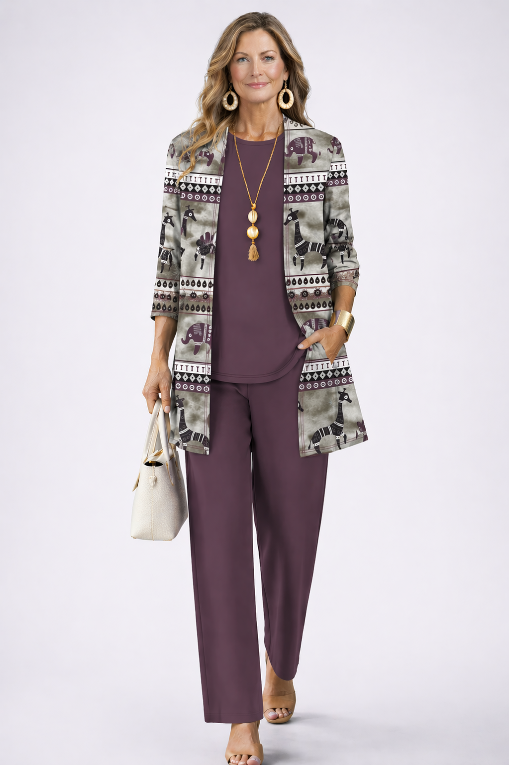 Valerie three-piece set in plum purple with printed animal-stripe cardigan, full front view