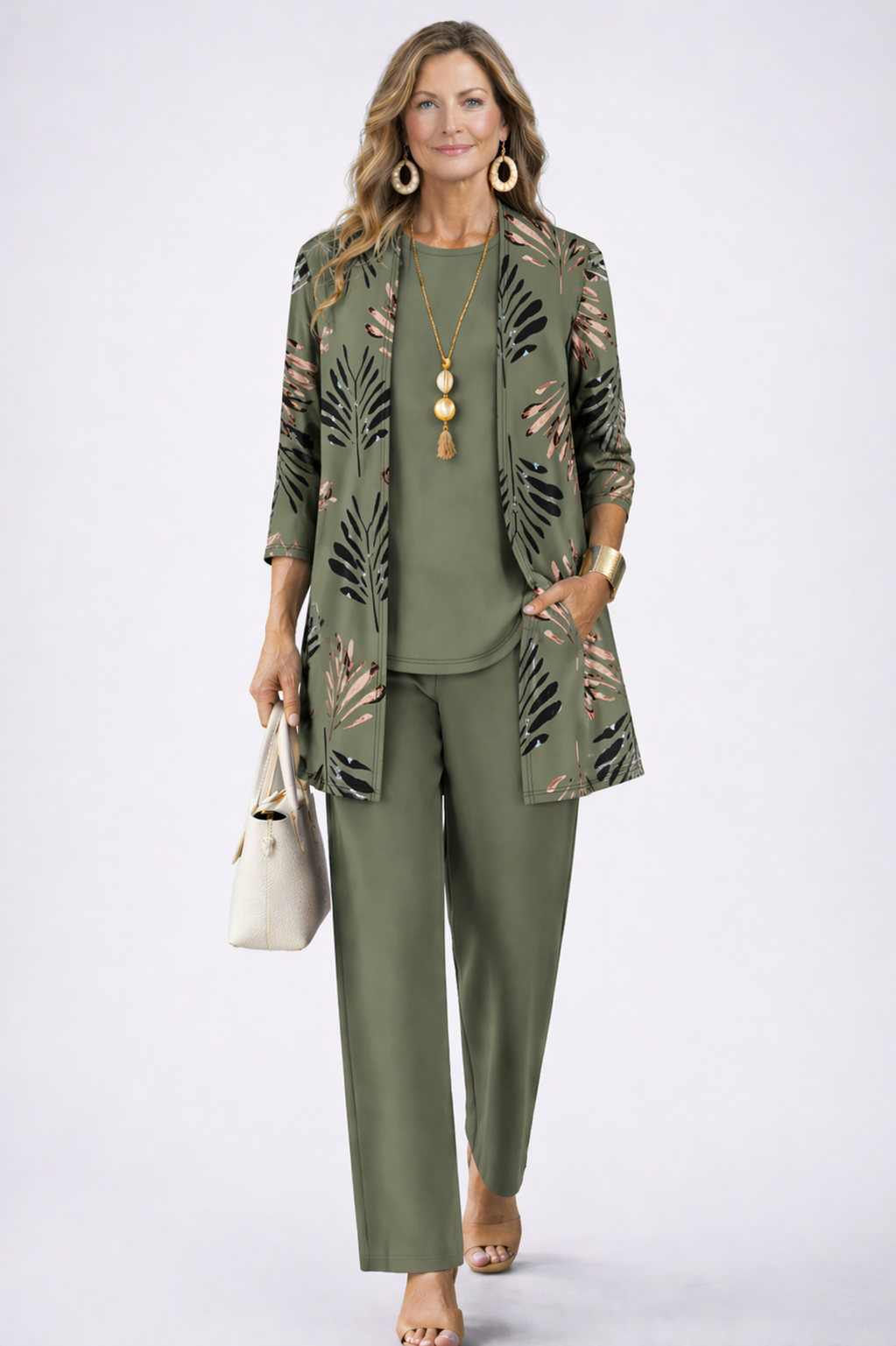 Beatrice three-piece set in olive green with printed cardigan, full-length front view