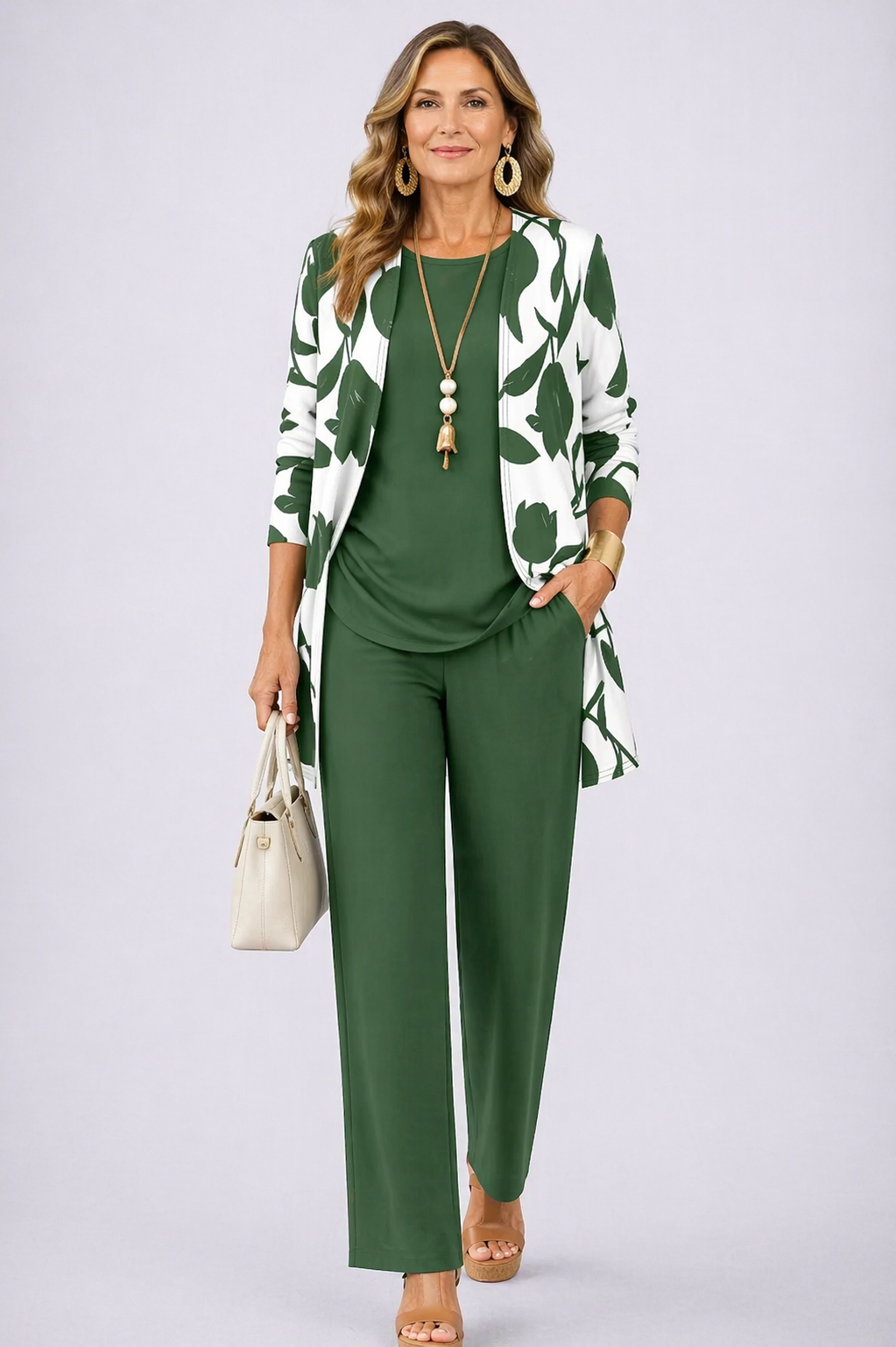 Brenda three-piece set in green and white leaf print, full-length front view