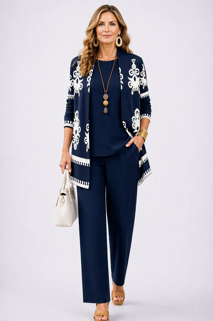 Margaret three-piece set in navy with white pattern, full-length front view