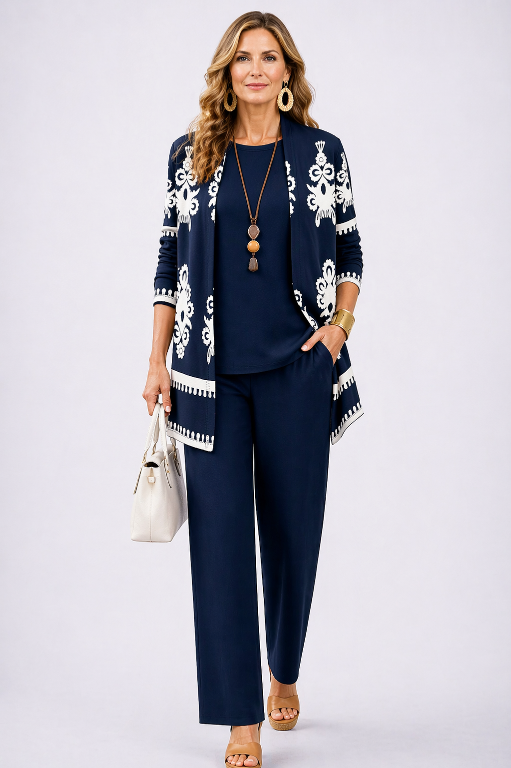 Carol three-piece set in navy with ivory printed cardigan, full-length front view