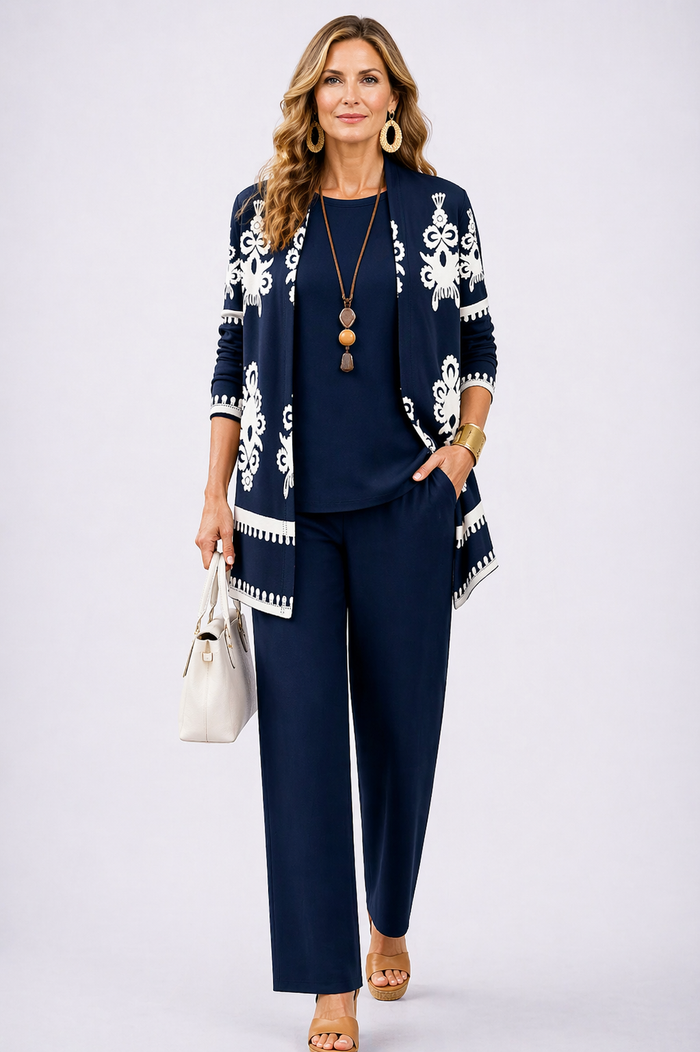 Carol three-piece set in navy with ivory printed cardigan, full-length front view