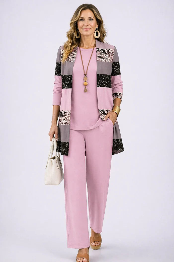 Beatrice three-piece set in pink with panelled print cardigan, front view