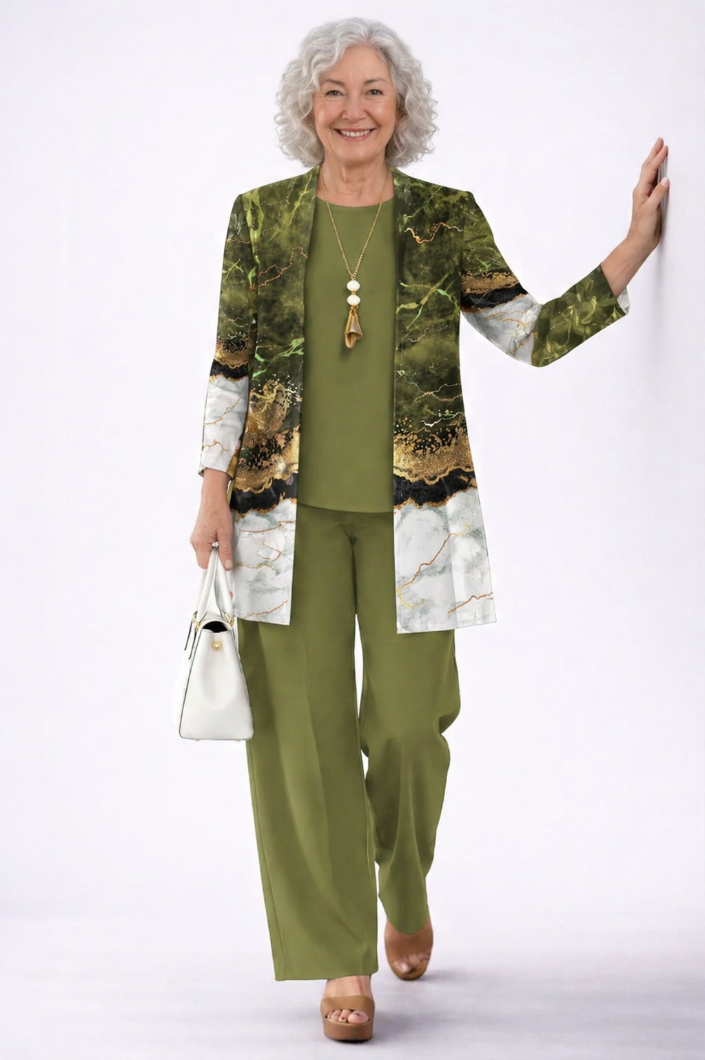 Deborah three-piece set in olive green with marbled print cardigan, full-length front view