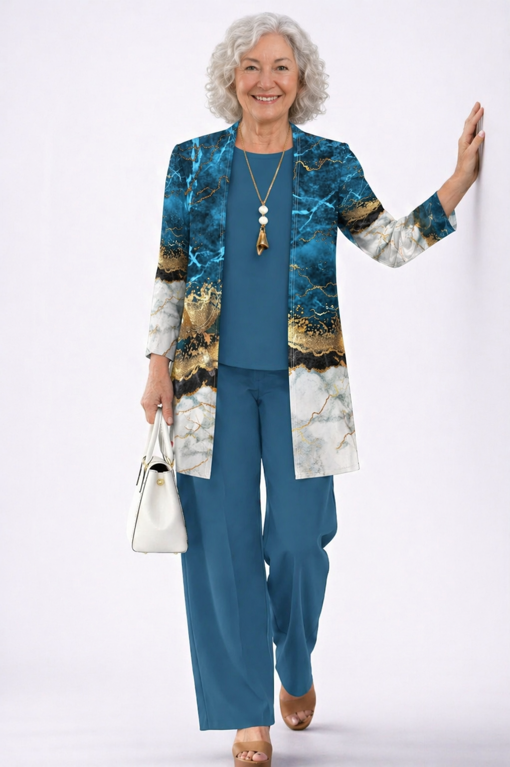 Teresa three-piece set in blue and gold marble with teal top and wide-leg trousers, front view