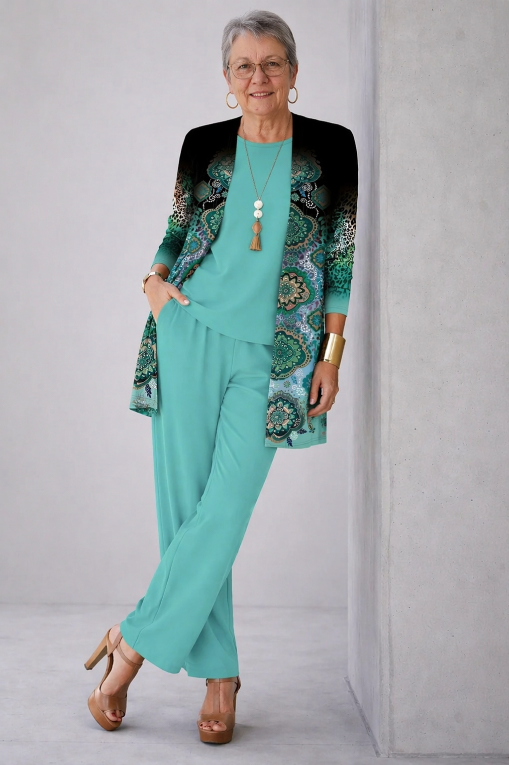 Gillian three-piece set in teal green with printed cardigan, full-length front view