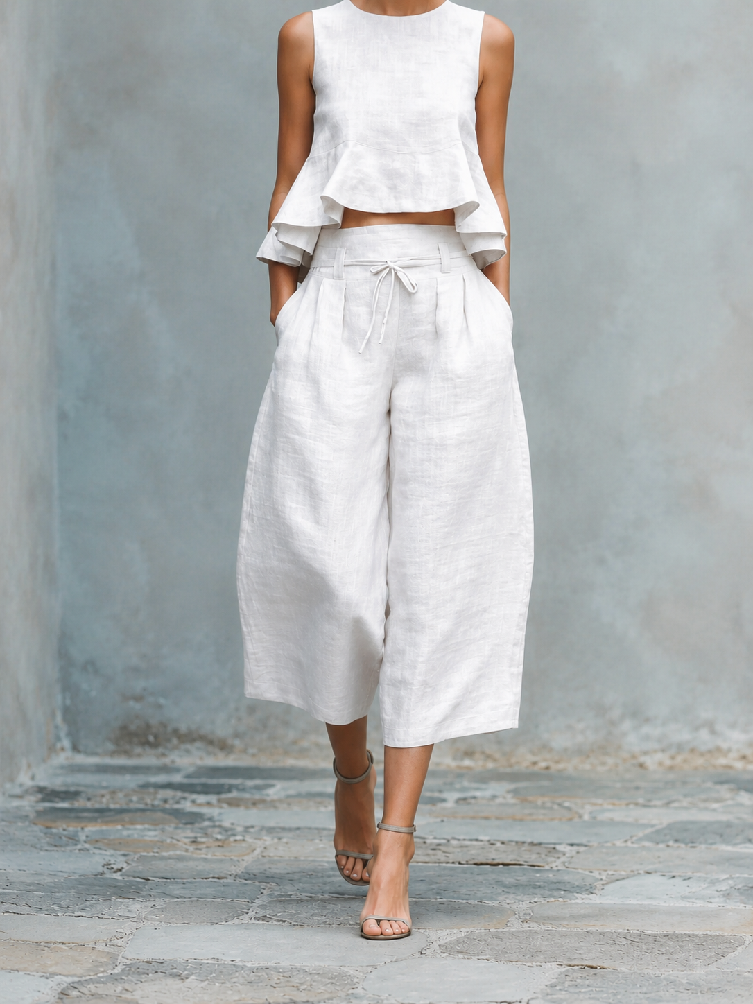 Freya two-piece ruffled set in white, full-length front view