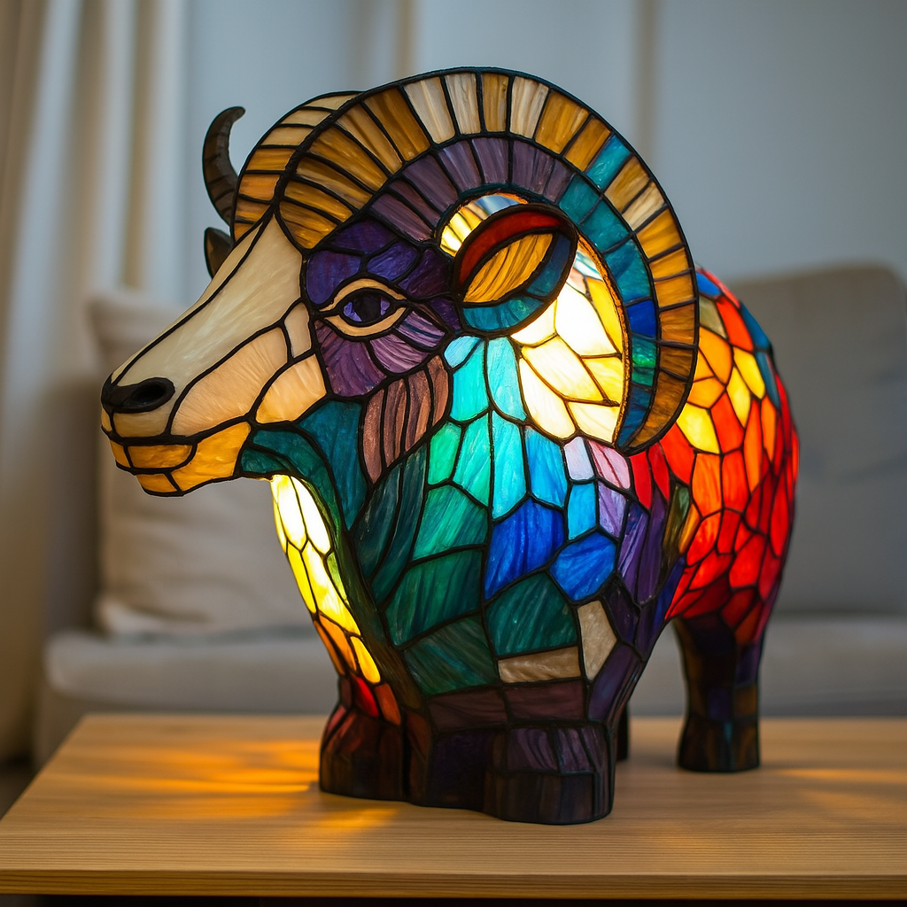 Magical goat lamp in multicoloured stained glass, lit on a wooden side table