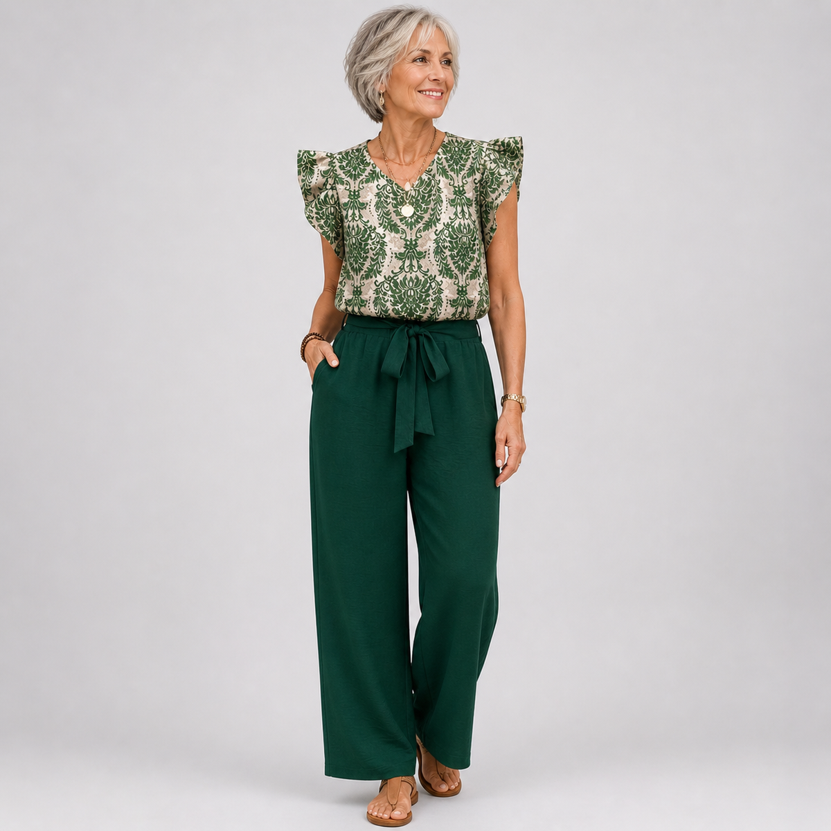 Amelia paisley two-piece set in dark green, full-length front view
