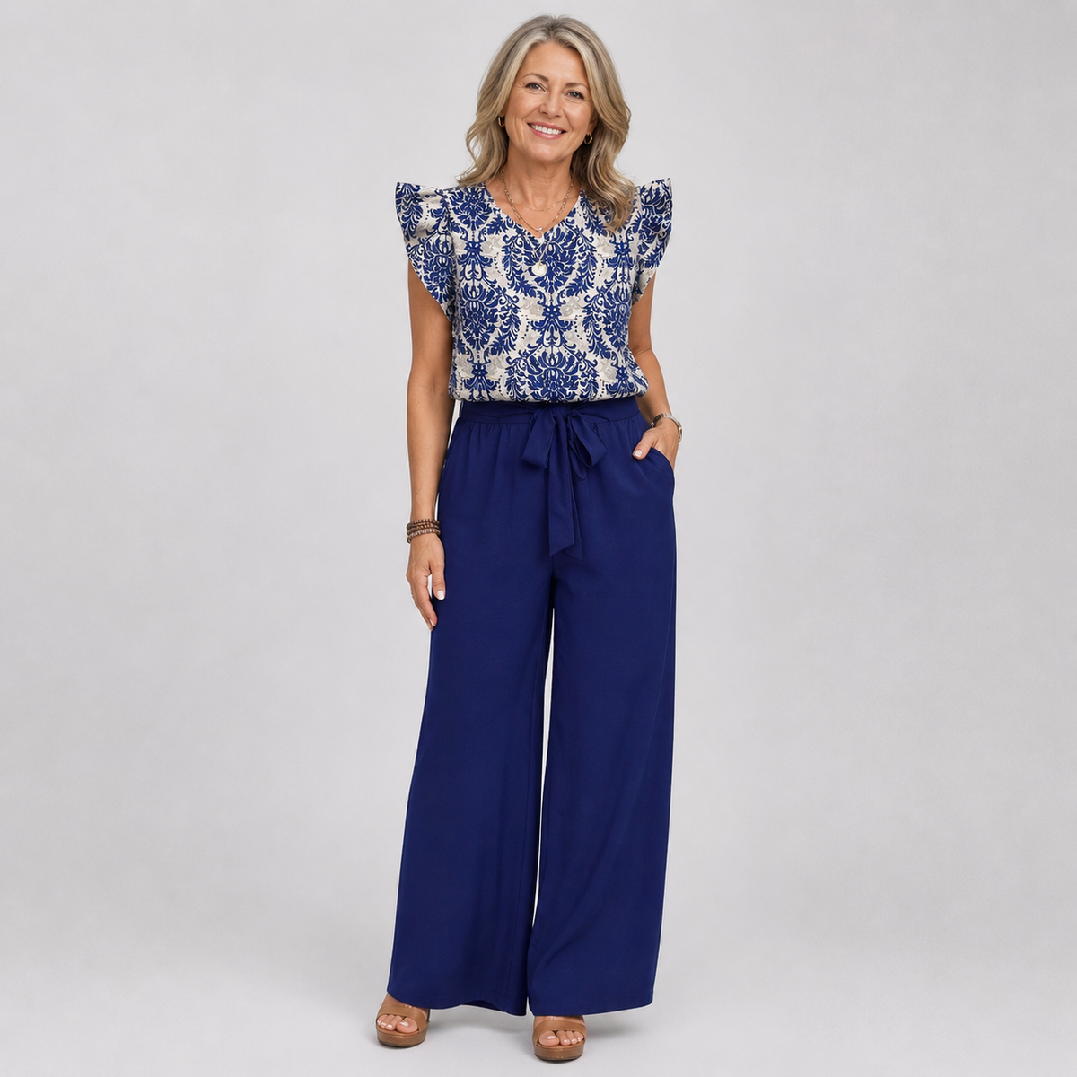 Amelia paisley two-piece set in deep blue, full-length front view
