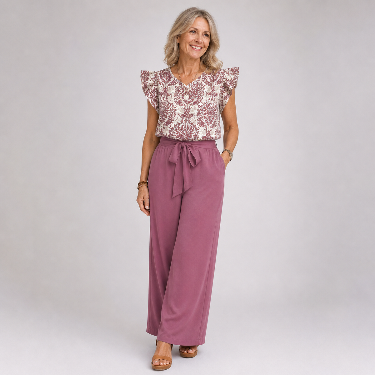 Amelia paisley two-piece set in pink, full-length front view