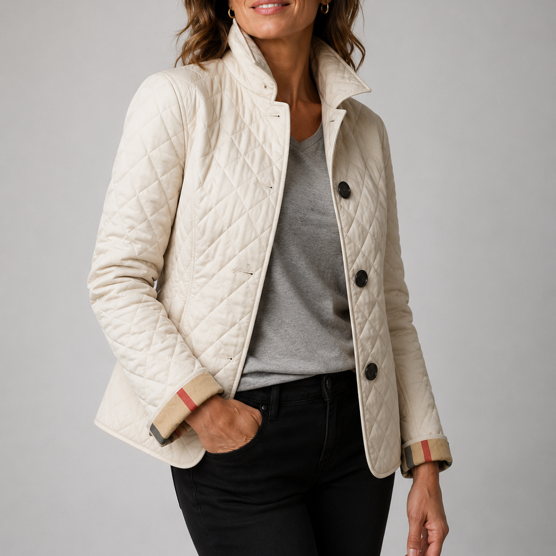 Kelley lightweight quilted jacket in cream with check-lined cuffs