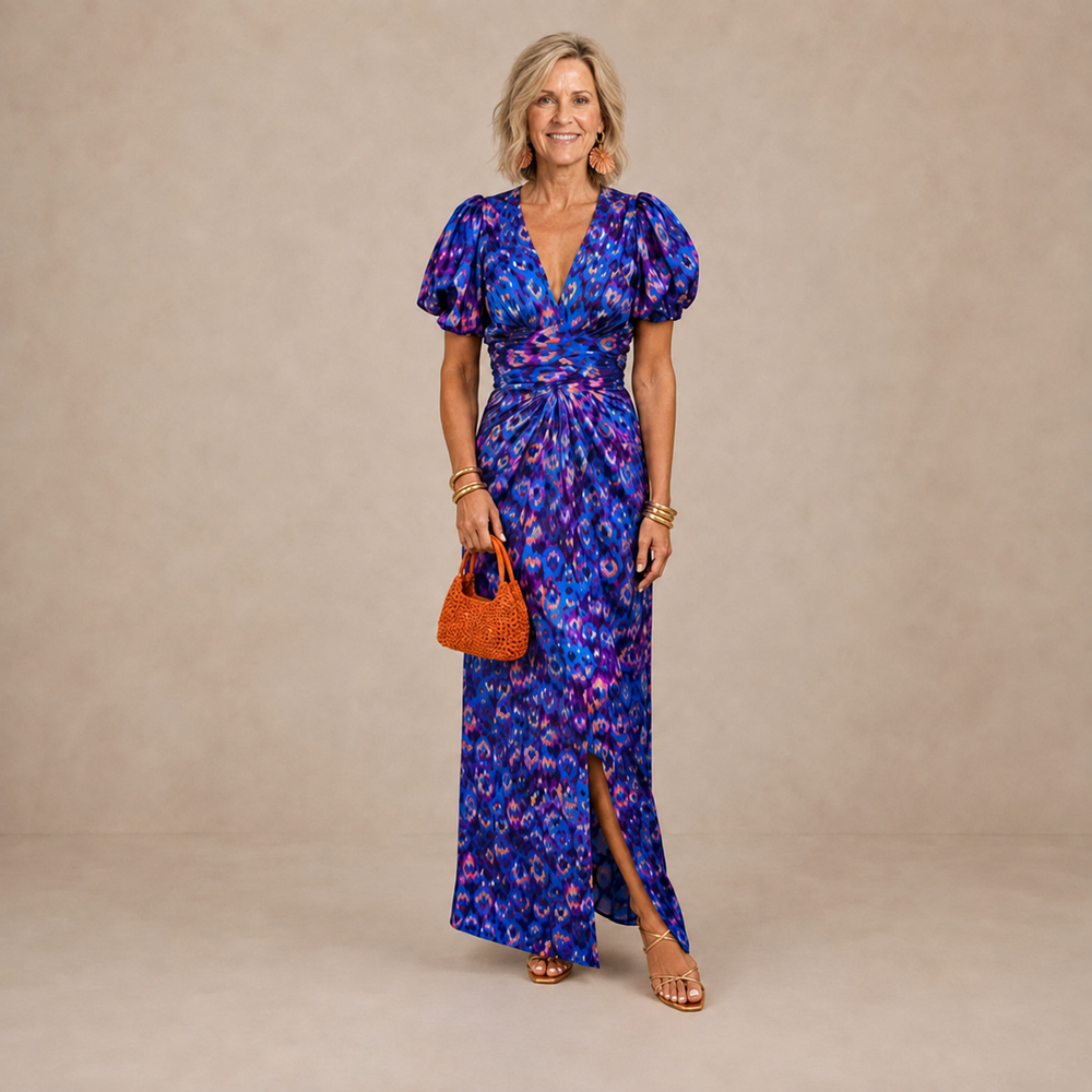 Tora pleated-sleeve maxi dress in blue and pink print, full-length front view