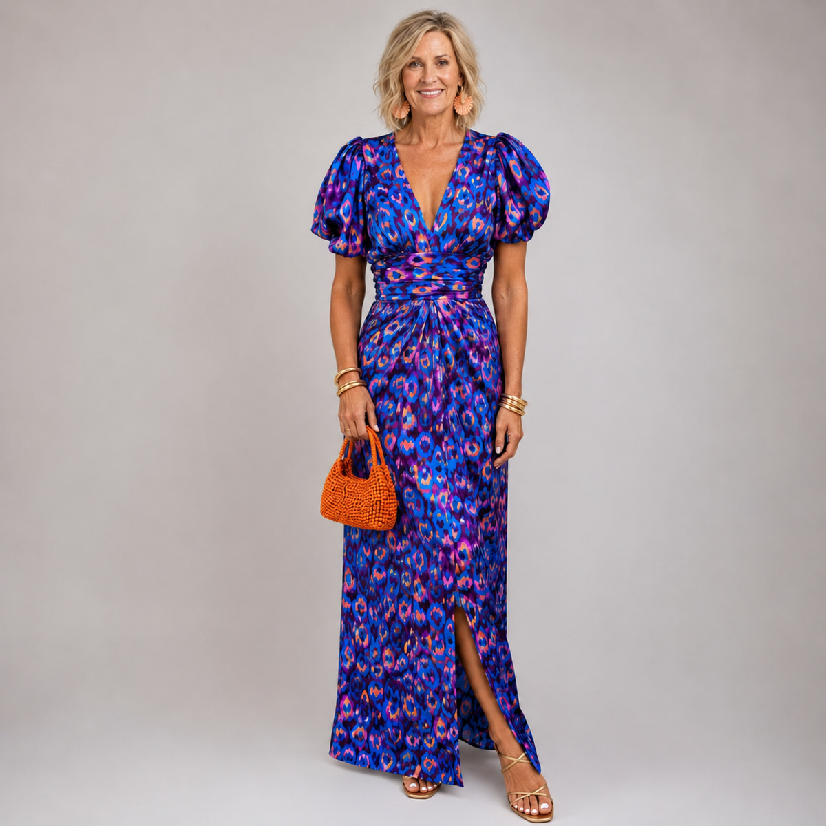 Tora maxi dress in blue and pink print, front view showing hem slit