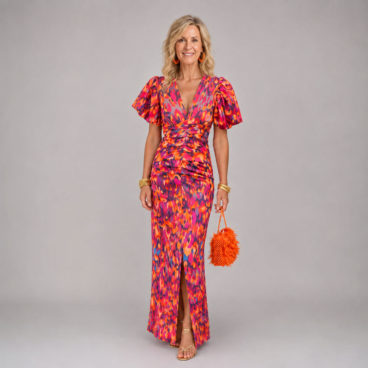Tora pleated-sleeve maxi dress in red print, full-length front view