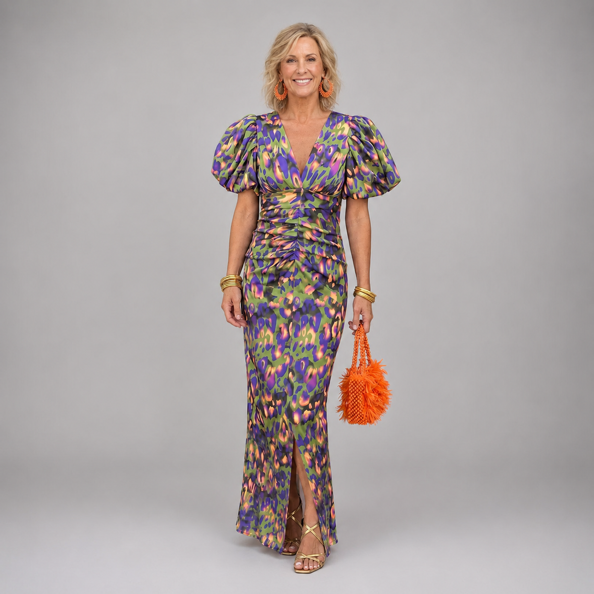 Tora pleated-sleeve maxi dress in green and blue print, full-length front view