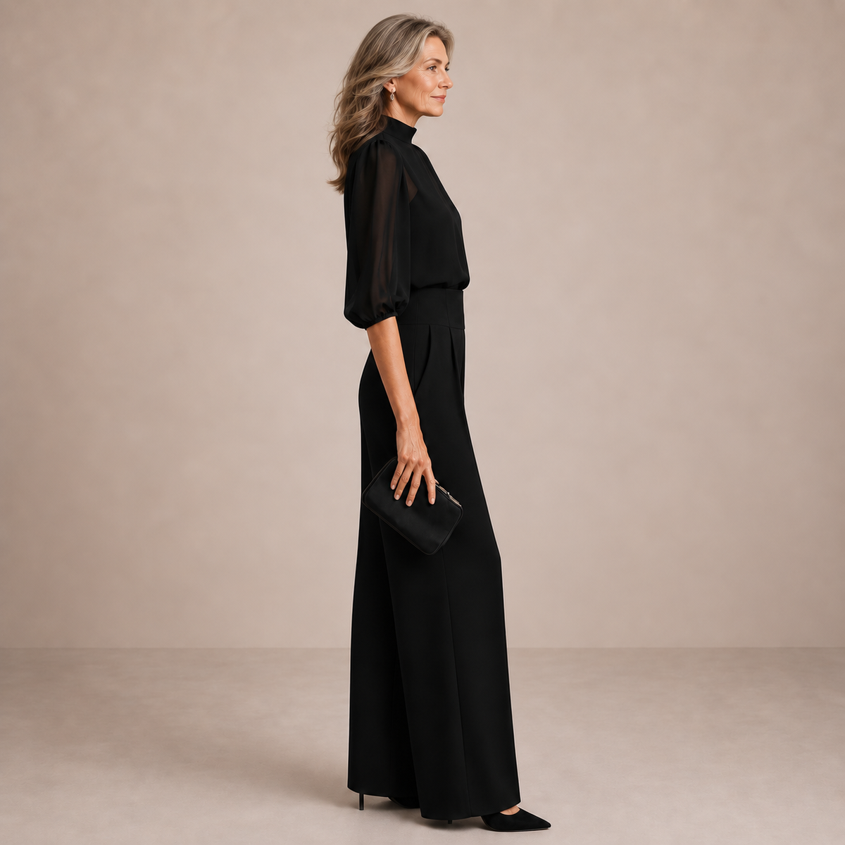 Lenora three-piece set in black, side view of wide-leg trousers