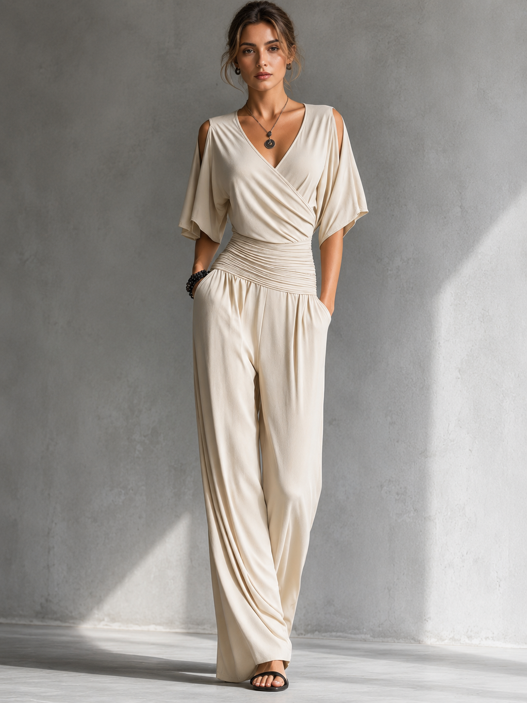 Georgie wrap wide-leg jumpsuit in beige, full-length front view