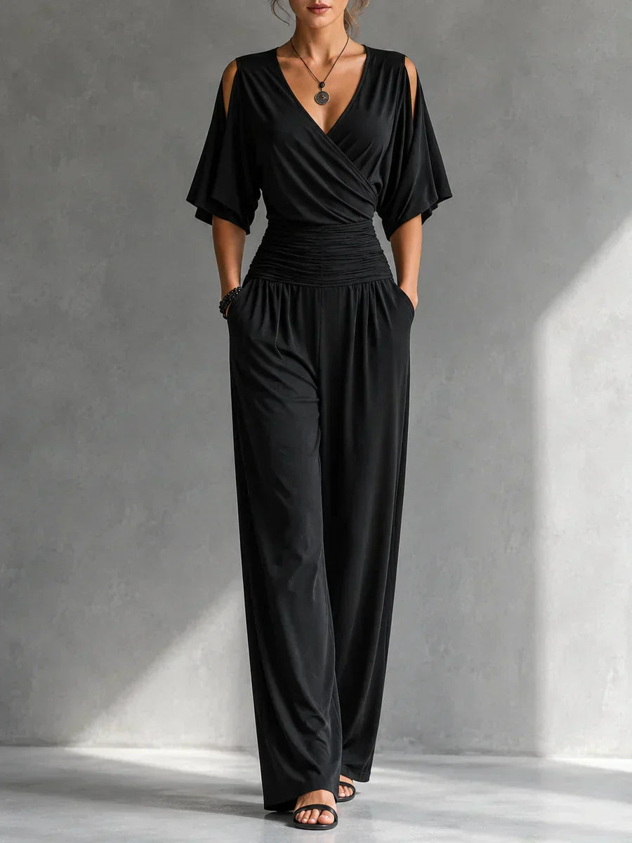 Georgie wrap wide-leg jumpsuit in black, full-length front view