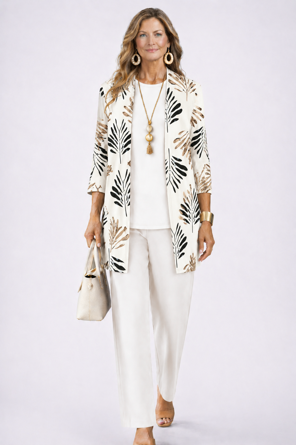 Beatrice three-piece set in champagne beige with leaf-print cardigan, front view