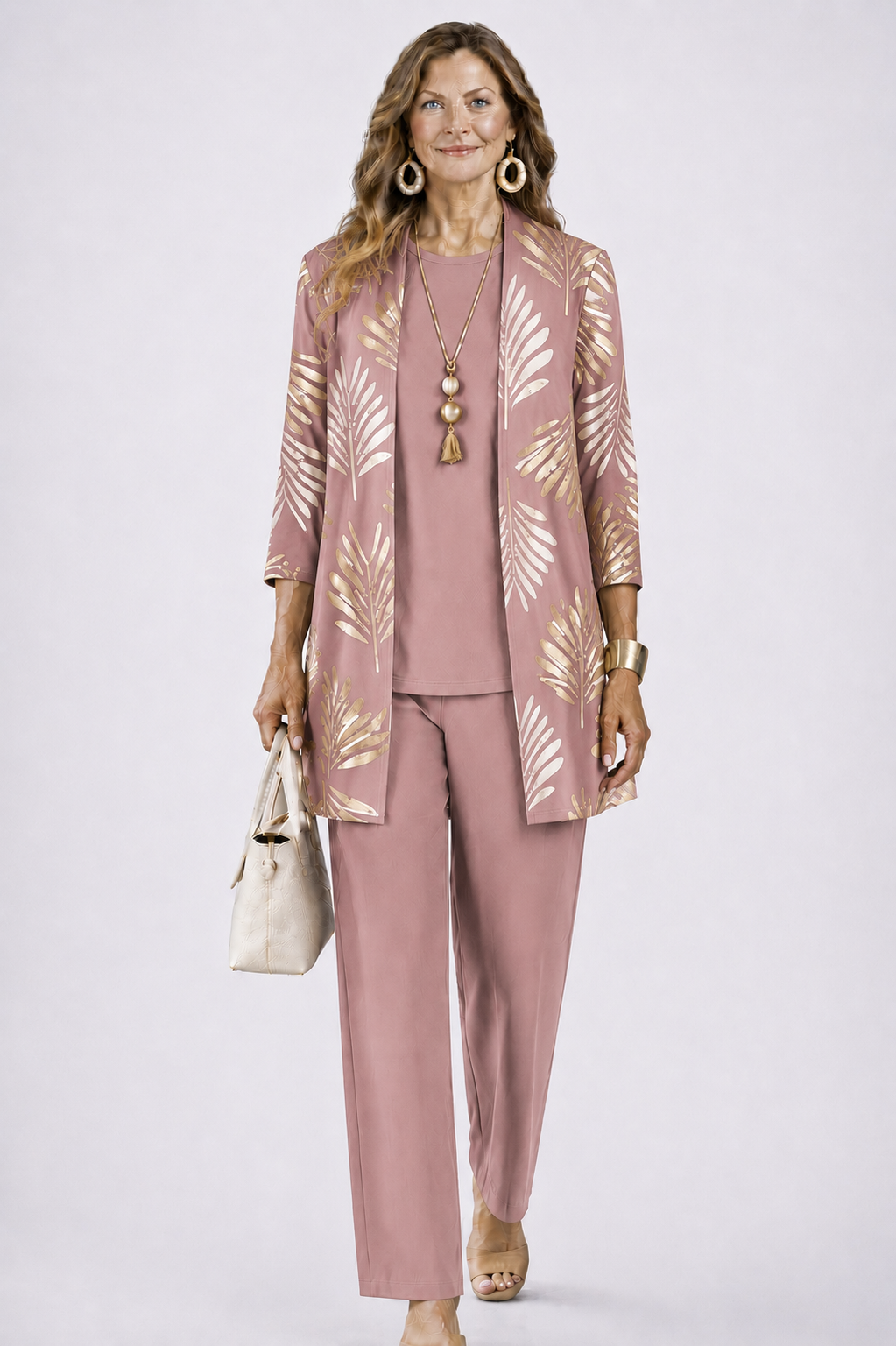 Audrey three-piece set in dusty rose with gold leaf print, full-length front view