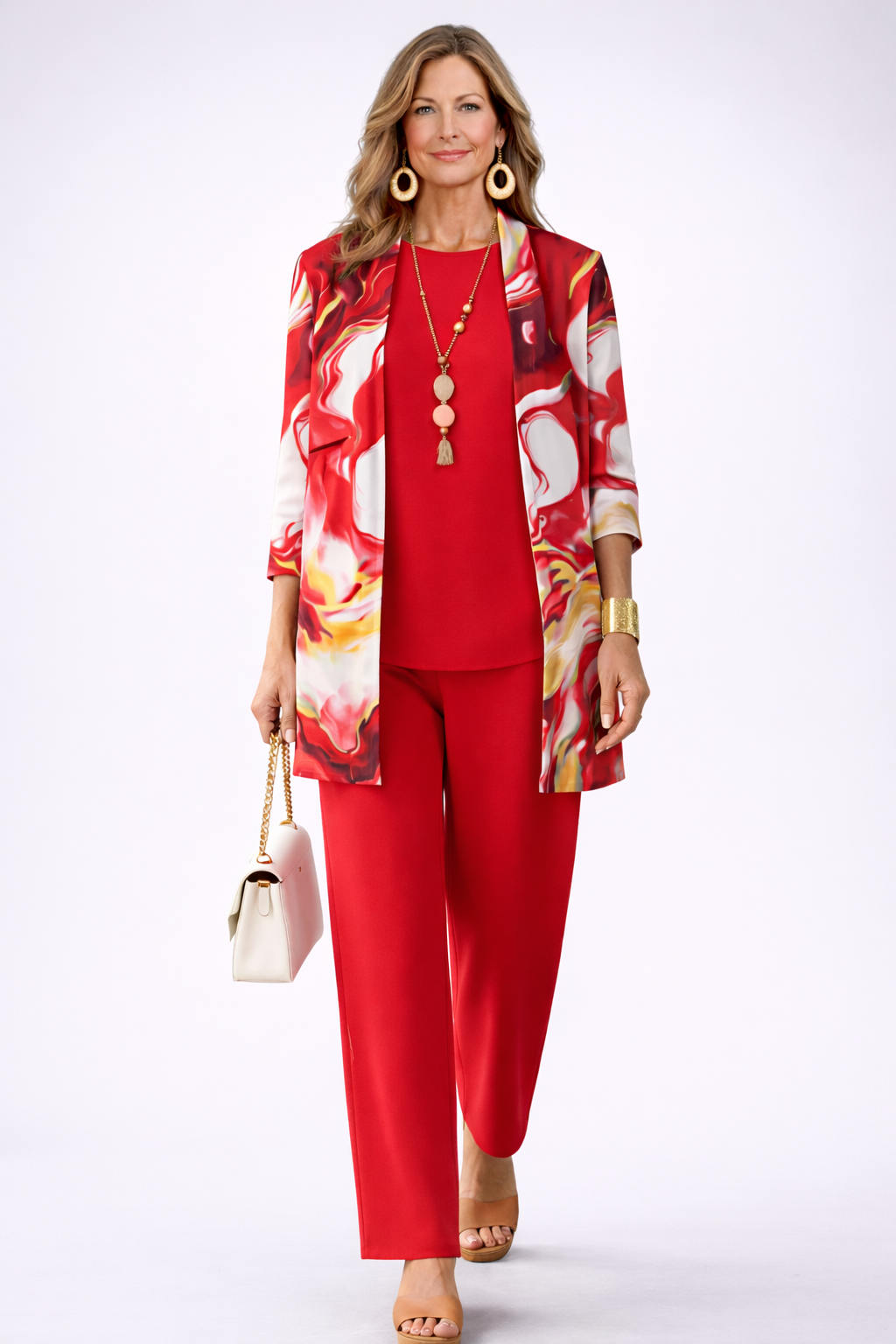 Gelsey three-piece set in red with marbled print jacket, front view