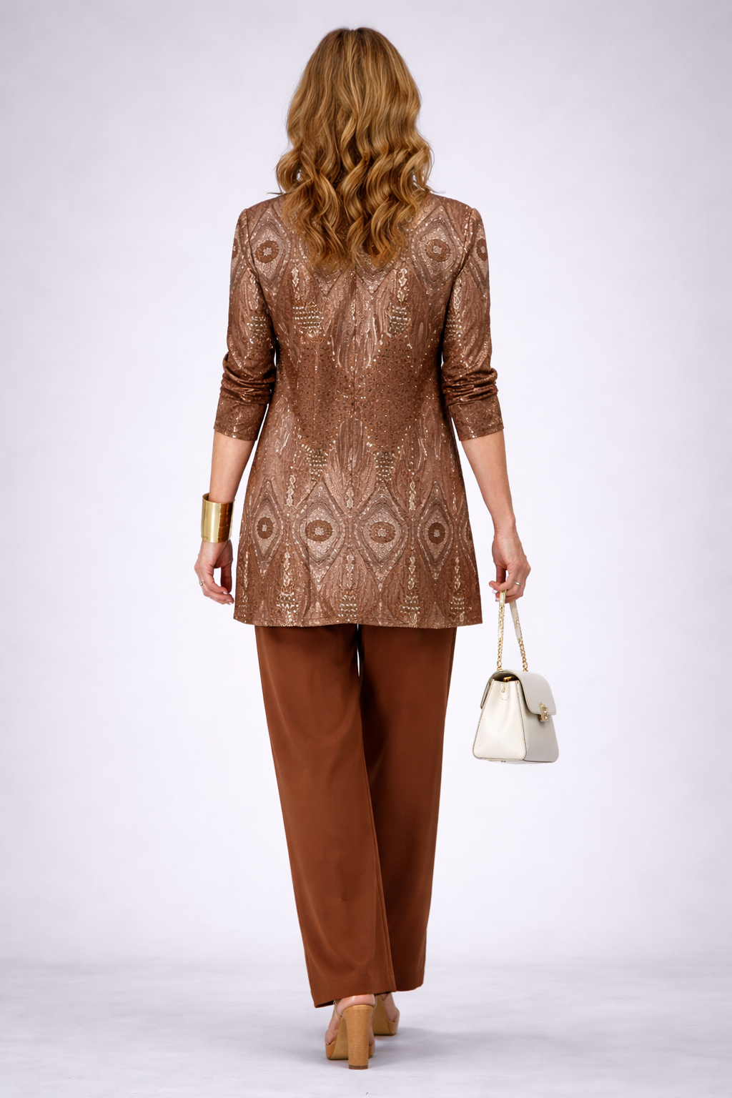 Glenna three-piece set in brown, longline patterned cardigan, back view