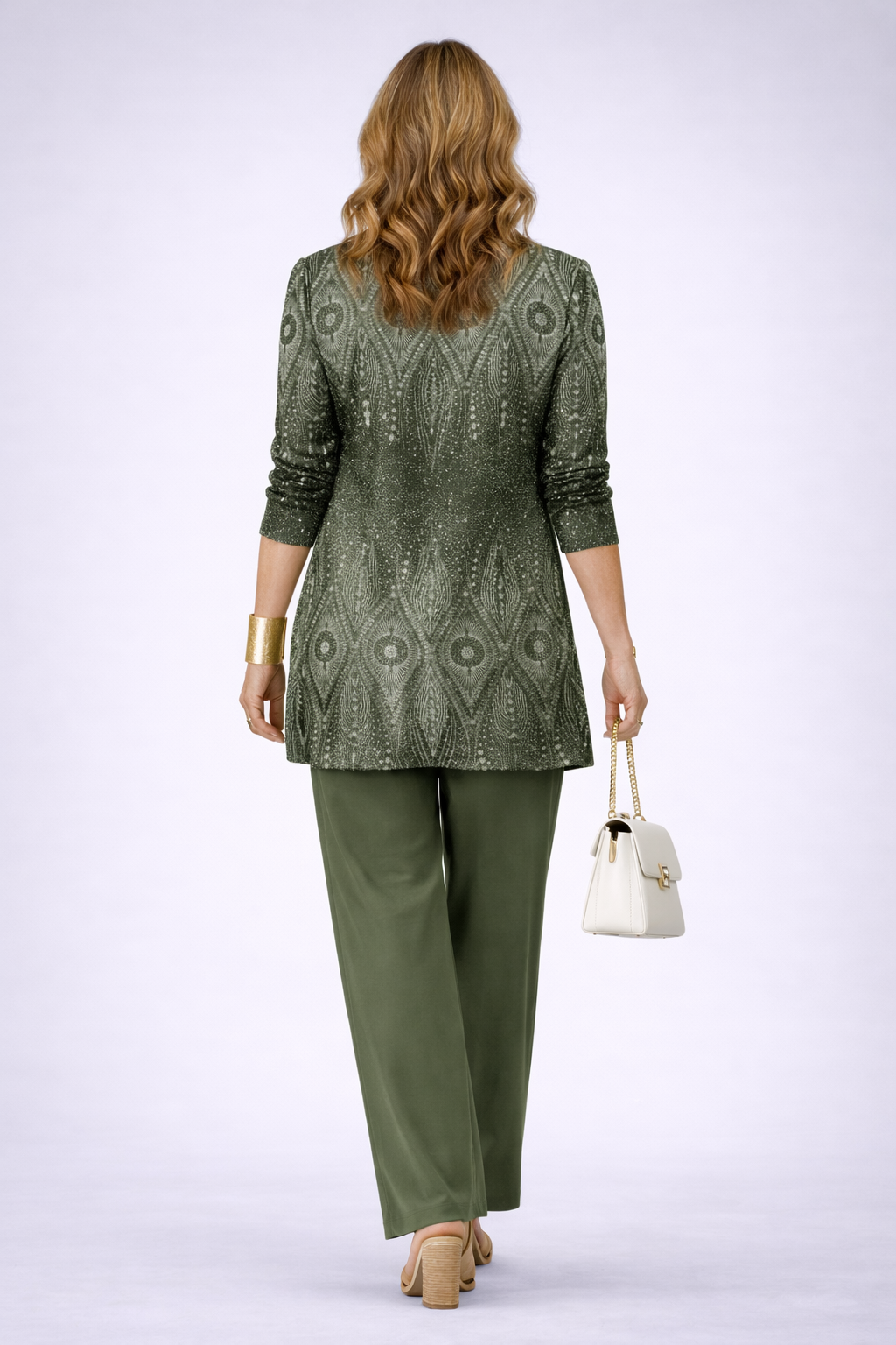 Hannelore three-piece set in green, back view showing longline cardigan print