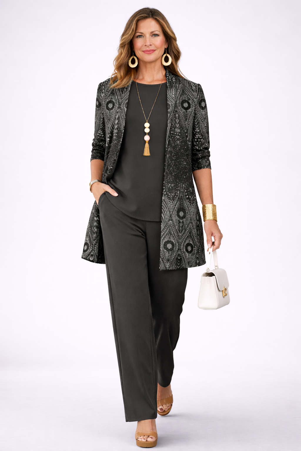 Hedley three-piece set in black, front view with wide-leg trousers