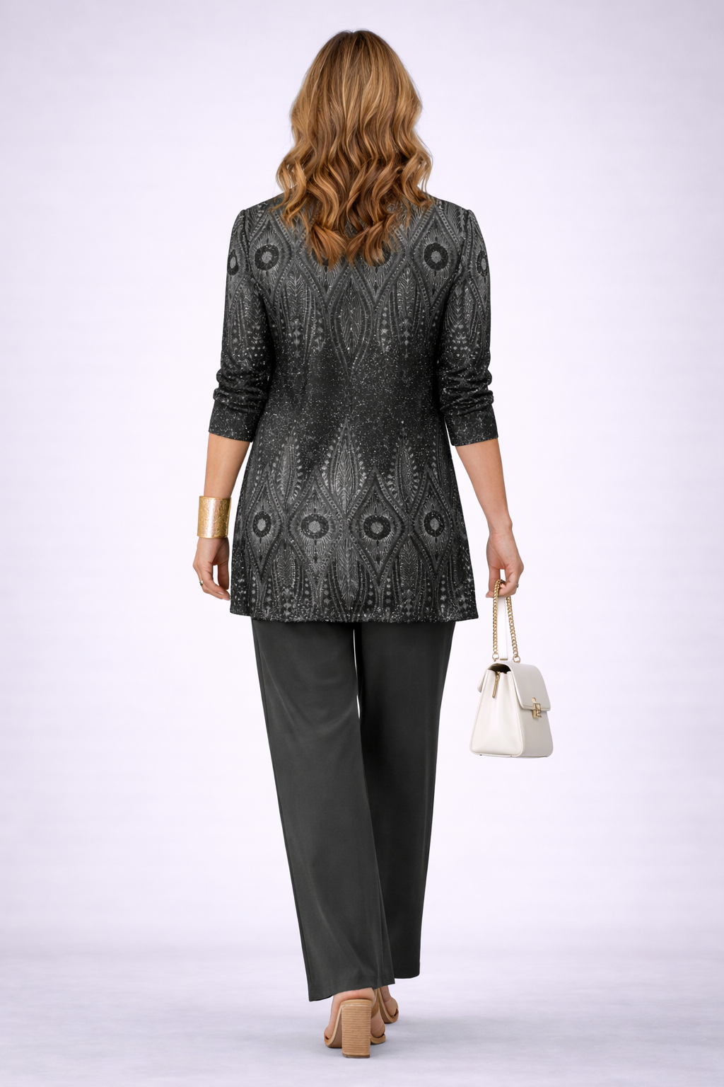 Hedley three-piece set in black, back view of shimmering longline cardigan