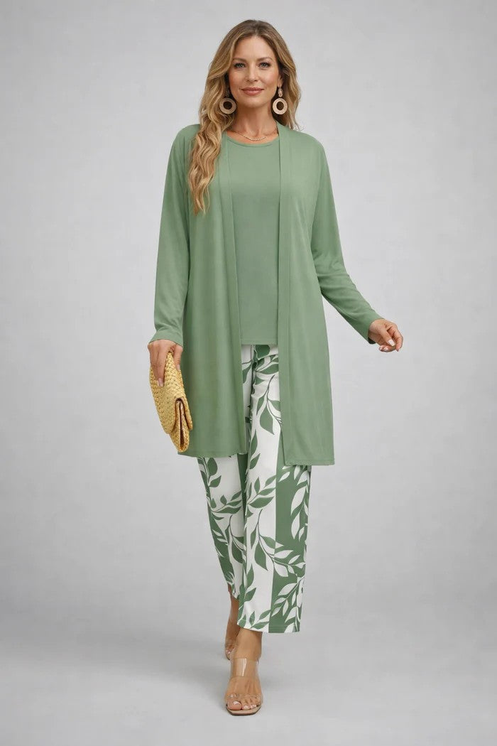 Margaret three-piece set in sage green with leaf-print trousers, full-length view