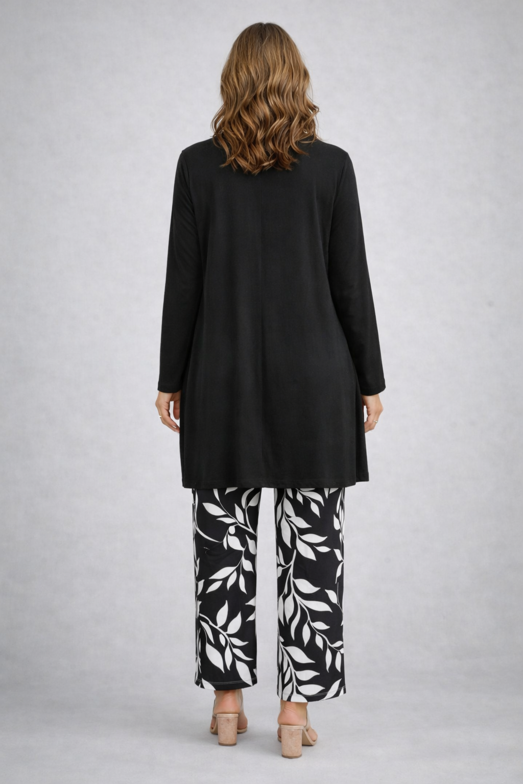 Eponine three-piece set in black with leaf-print trousers, back view