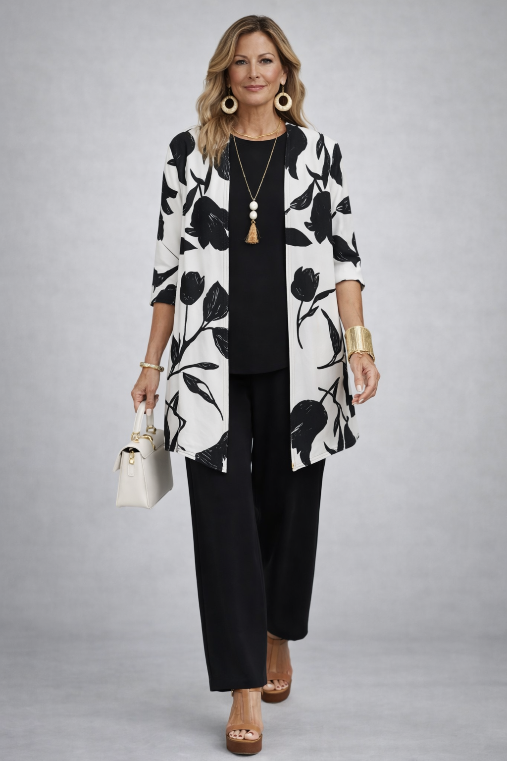 Etheline three-piece set with black tulip-print cardigan over black top and trousers, front view