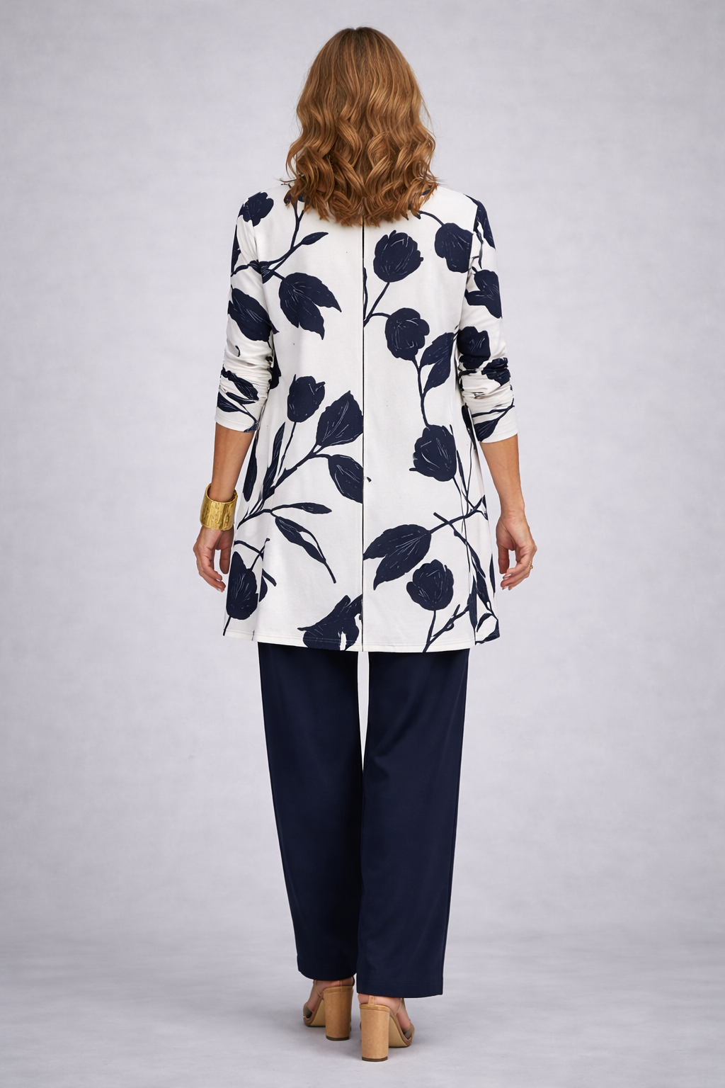 Evania three-piece set in navy and ivory floral print, back view