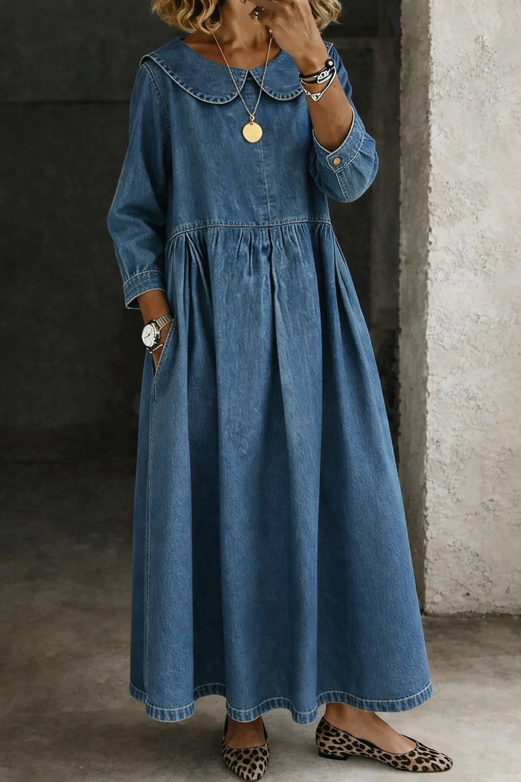Clara Peter Pan collar denim dress in blue, full-length front view