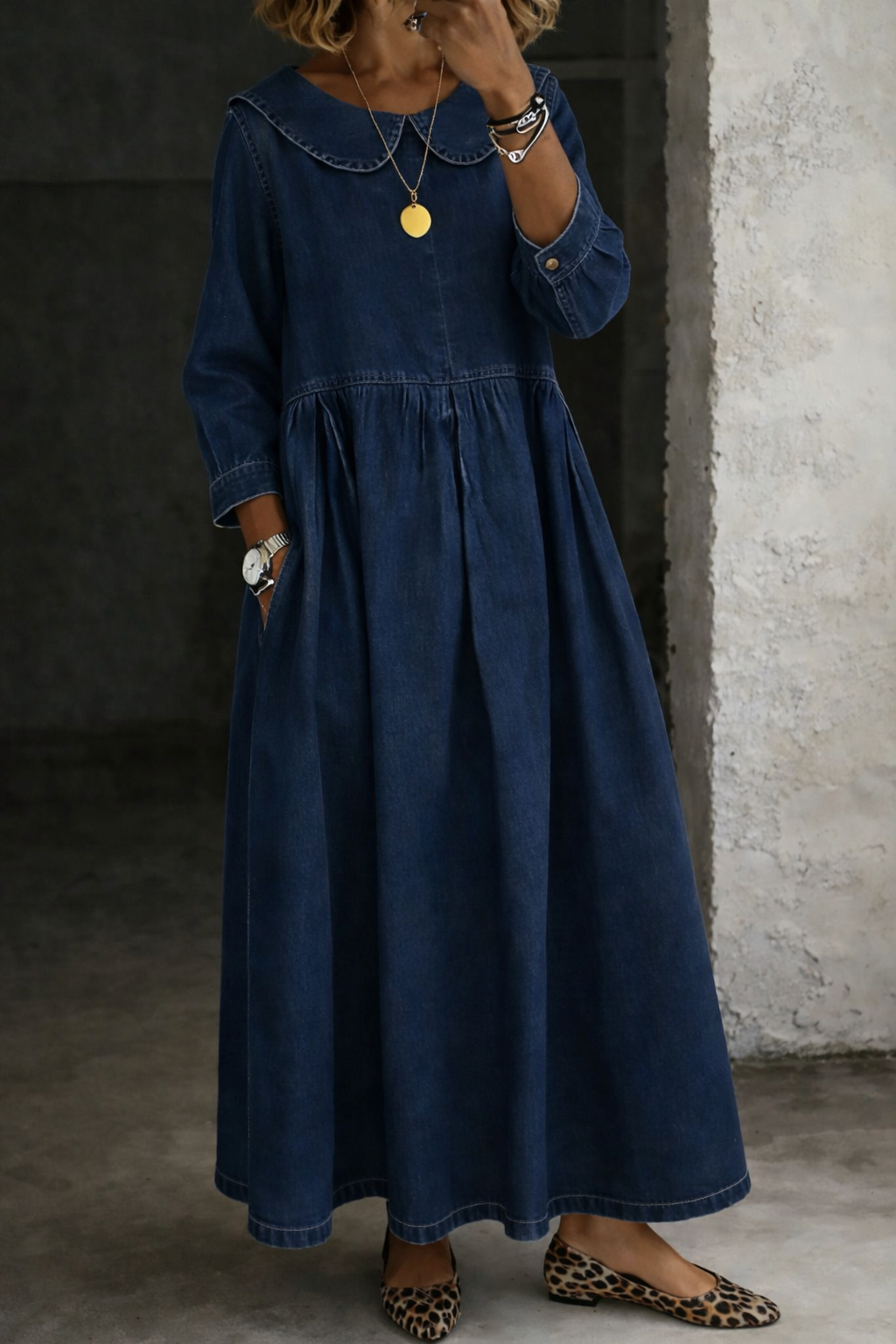 Clara Peter Pan collar denim dress in navy, full-length front view