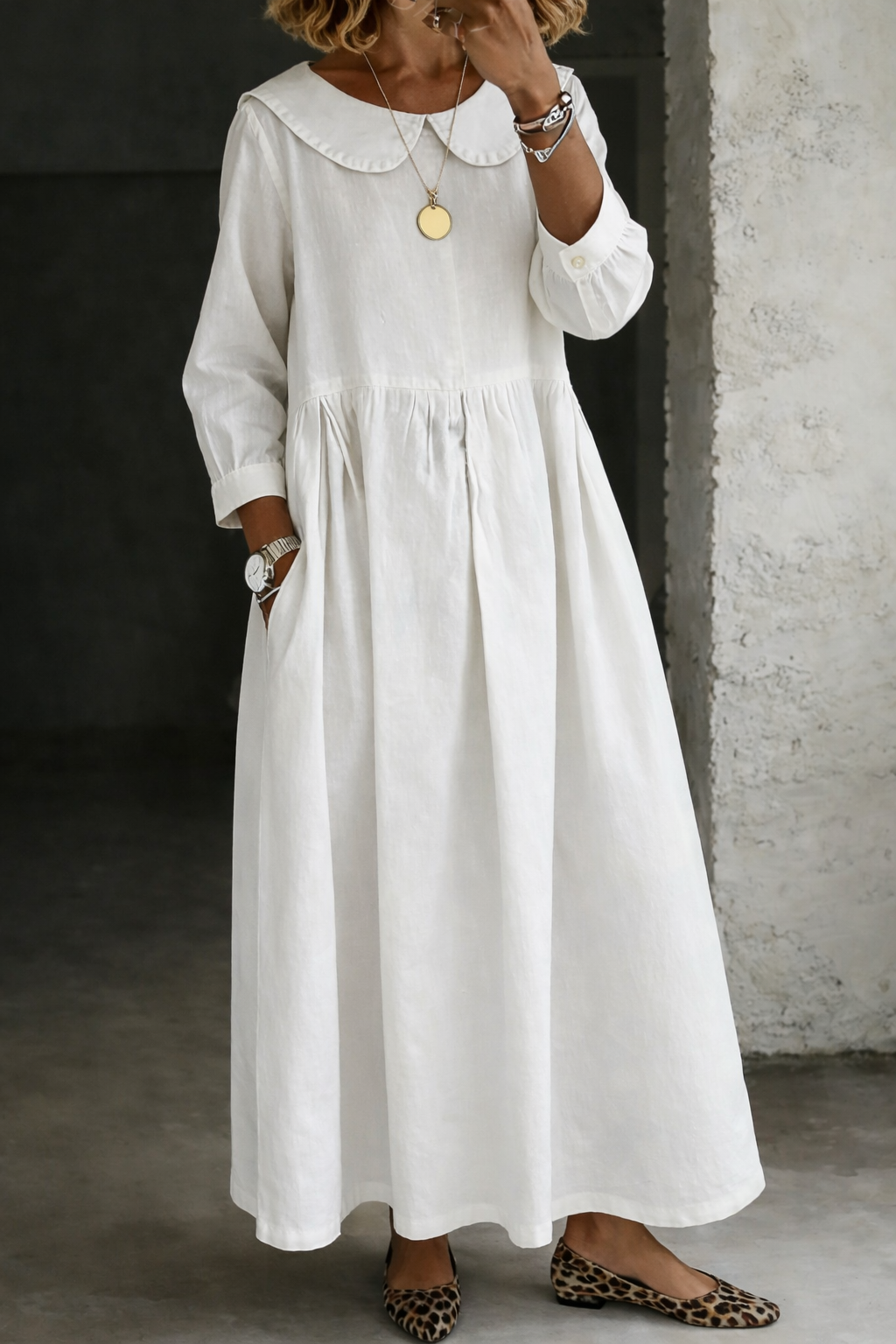 Clara Peter Pan collar denim dress in white, full-length front view