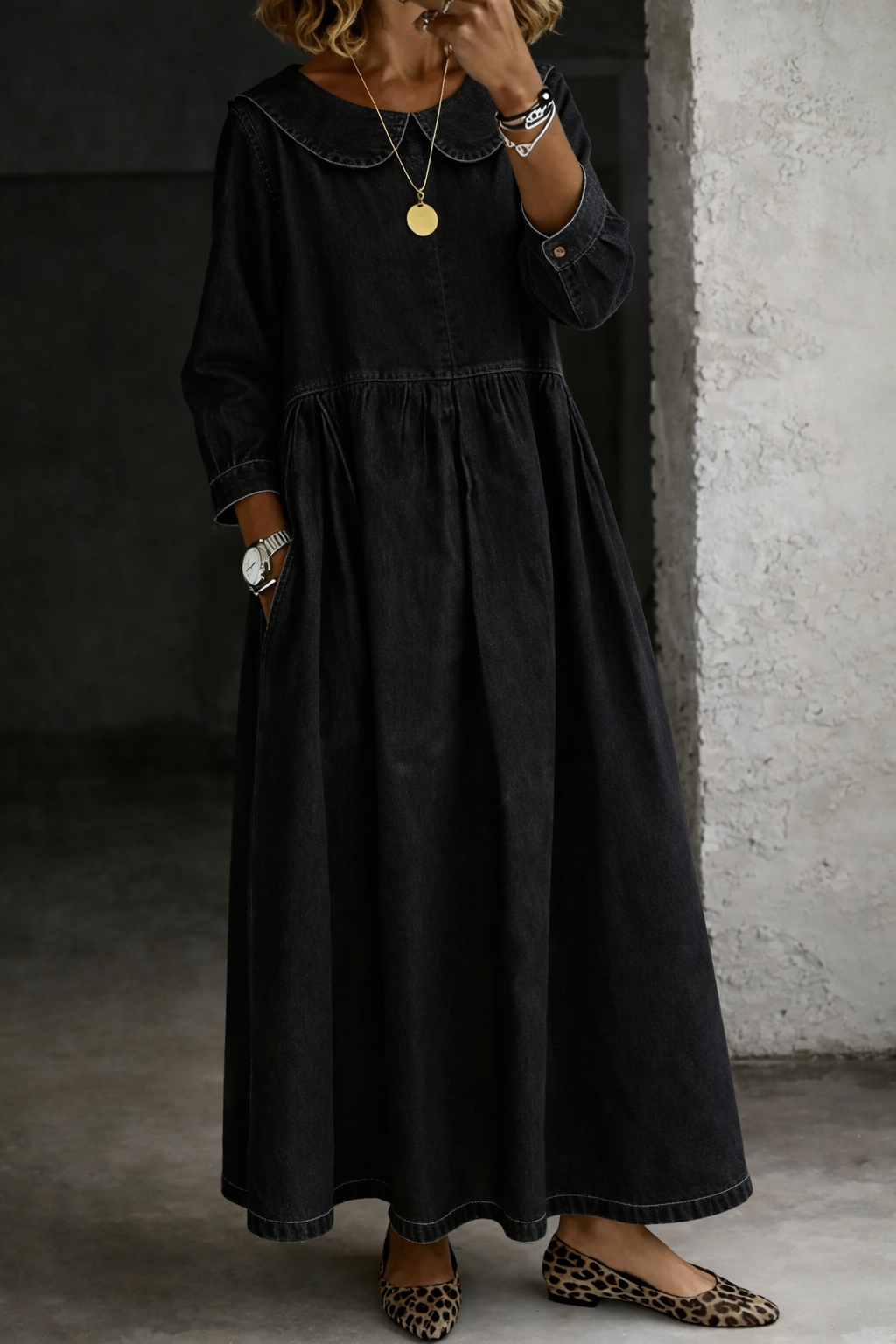 Clara Peter Pan collar denim dress in black, full-length front view