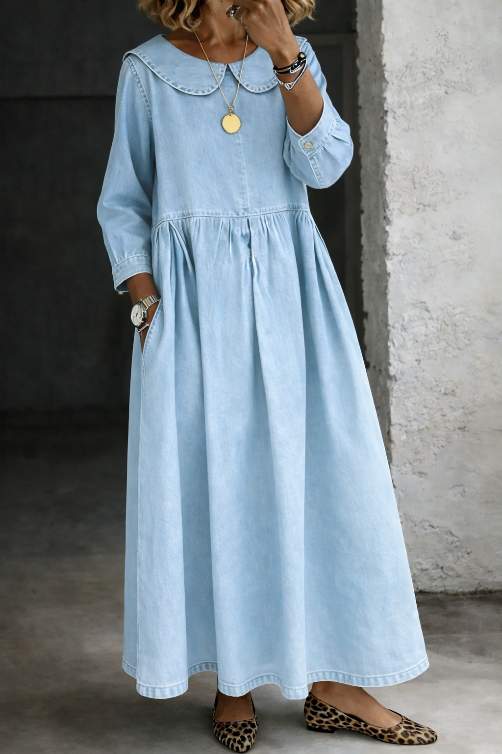Clara Peter Pan collar denim dress in light blue, full-length front view