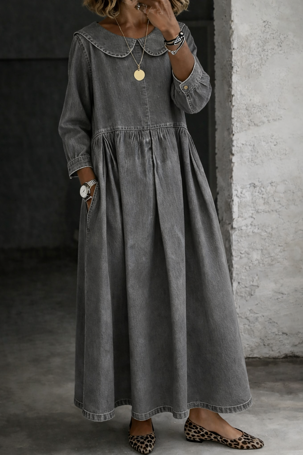 Clara Peter Pan collar denim dress in grey, full-length front view